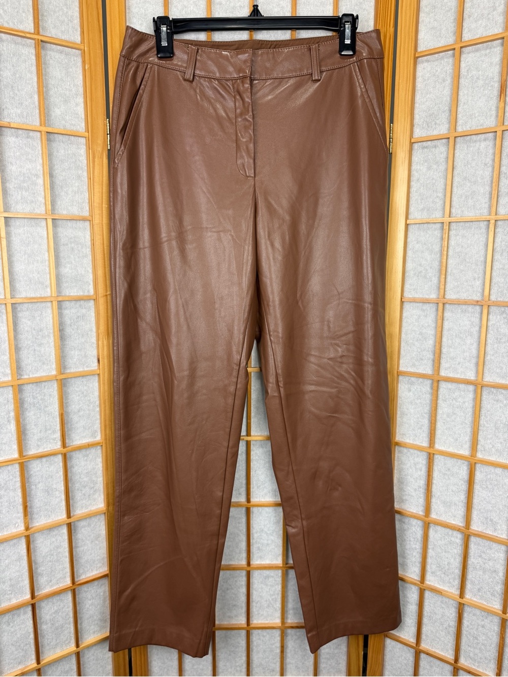 Elie Elie Tahari Cognac Brown Faux Leather Straight Leg Pants Size 10